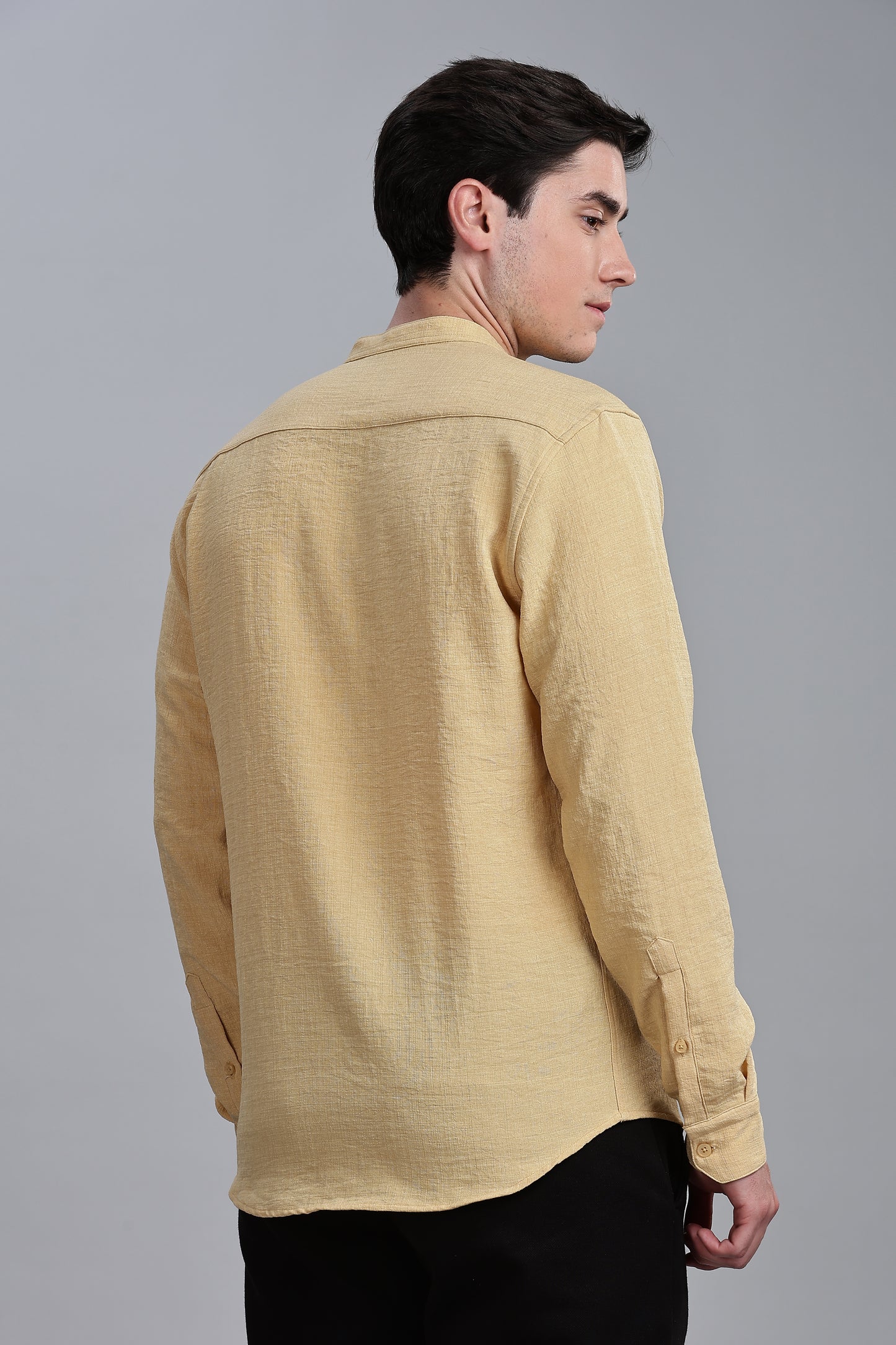Yellow Linen Blend Mandarin Collar Shirt