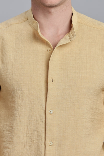 Yellow Linen Blend Mandarin Collar Shirt