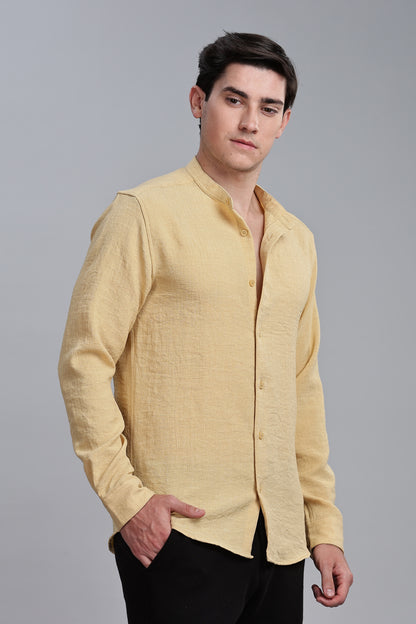 Yellow Linen Blend Mandarin Collar Shirt