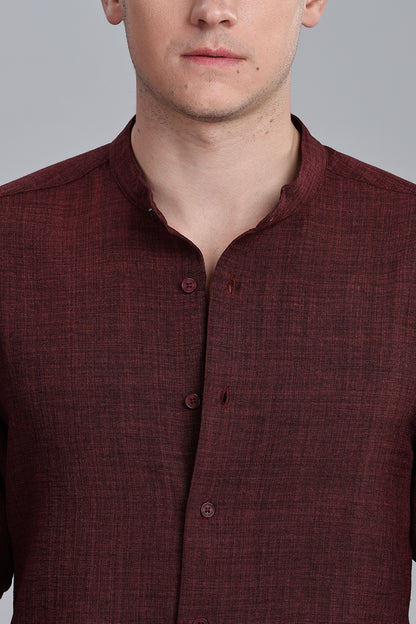 Marron Linen Blend Mandarin Collar Shirt