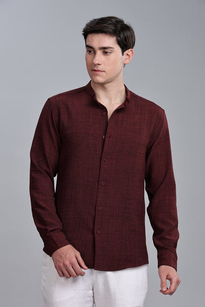 Marron Linen Blend Mandarin Collar Shirt
