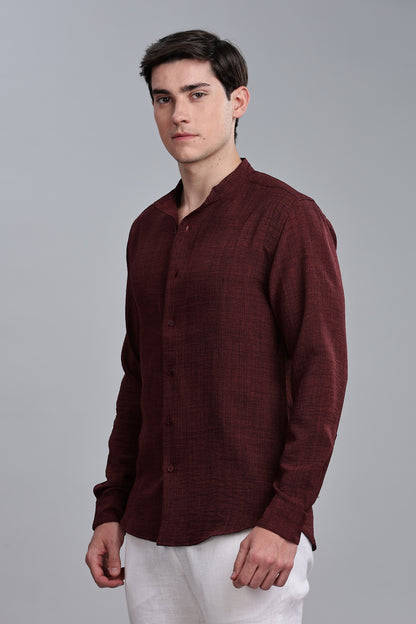 Marron Linen Blend Mandarin Collar Shirt