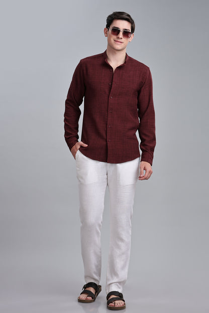 Marron Linen Blend Mandarin Collar Shirt
