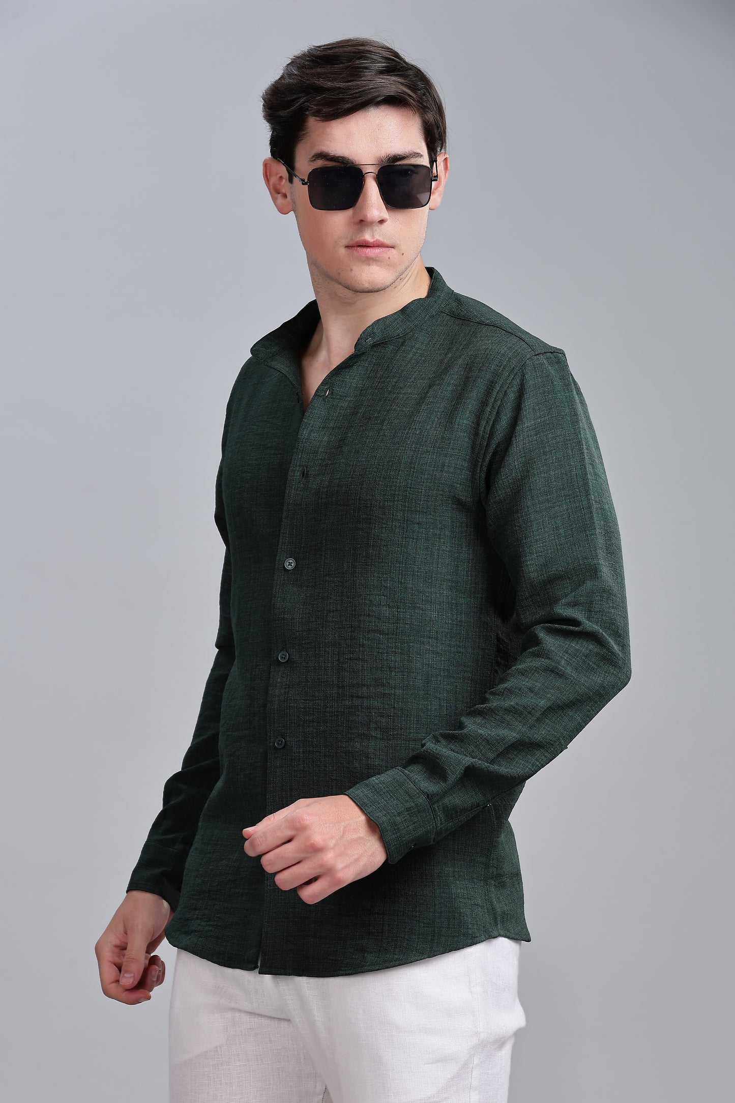 Darkgreen Linen Blend Mandarin Collar Shirt