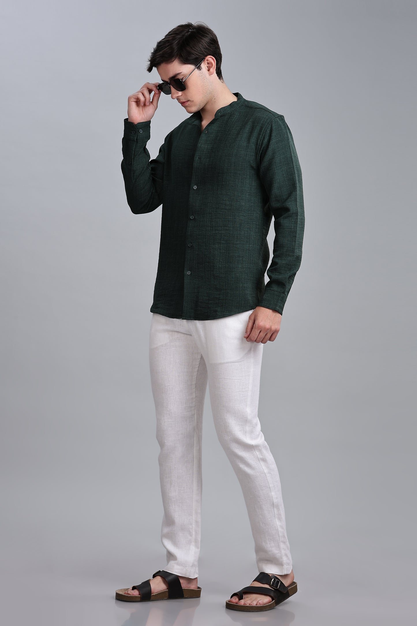 Darkgreen Linen Blend Mandarin Collar Shirt