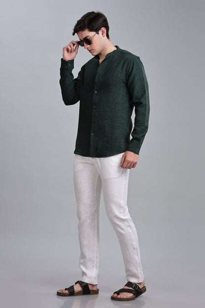 Darkgreen Linen Blend Mandarin Collar Shirt