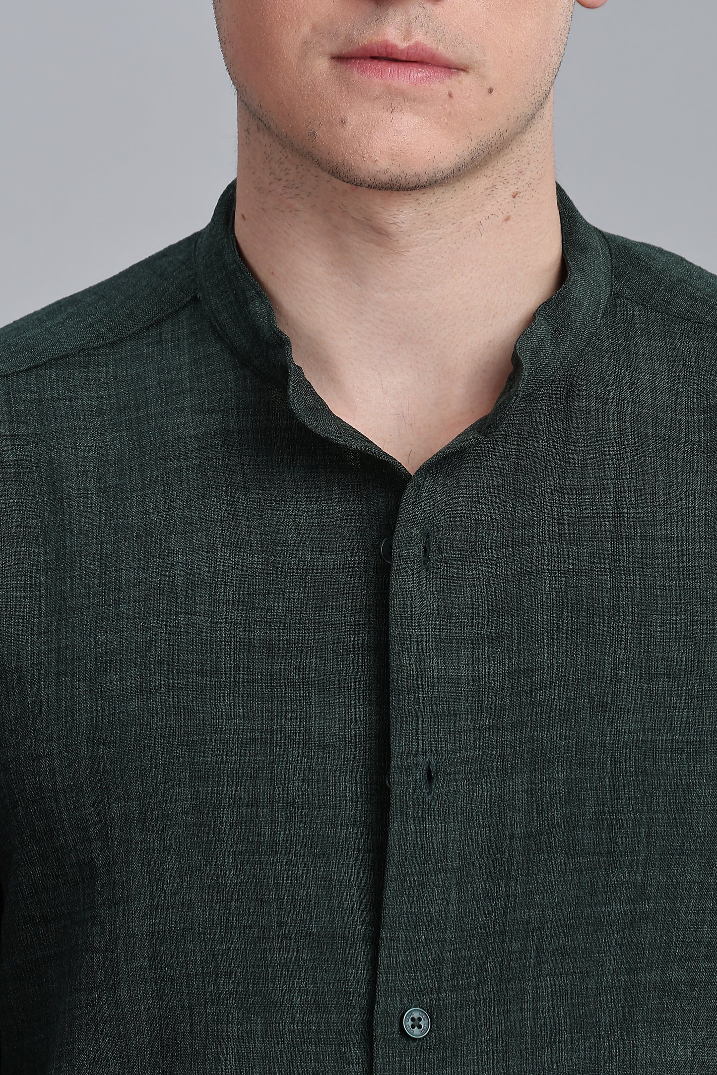 Darkgreen Linen Blend Mandarin Collar Shirt