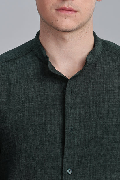 Darkgreen Linen Blend Mandarin Collar Shirt