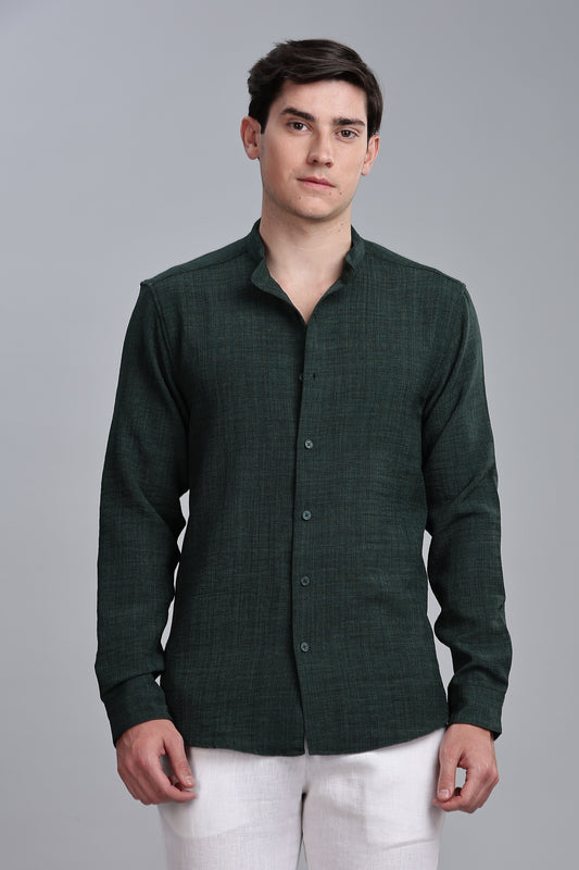 Darkgreen Linen Blend Mandarin Collar Shirt