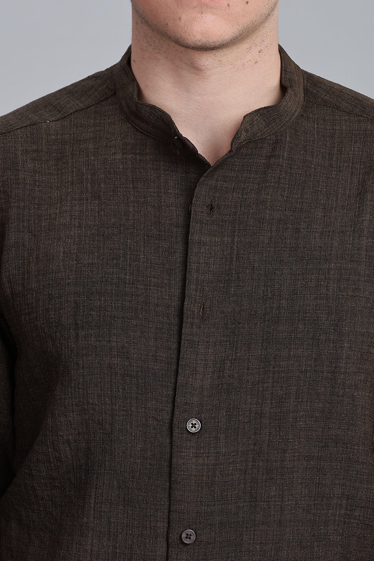 Brown Linen Blend Mandarin Collar Shirt