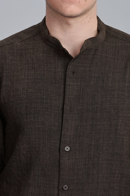 Brown Linen Blend Mandarin Collar Shirt