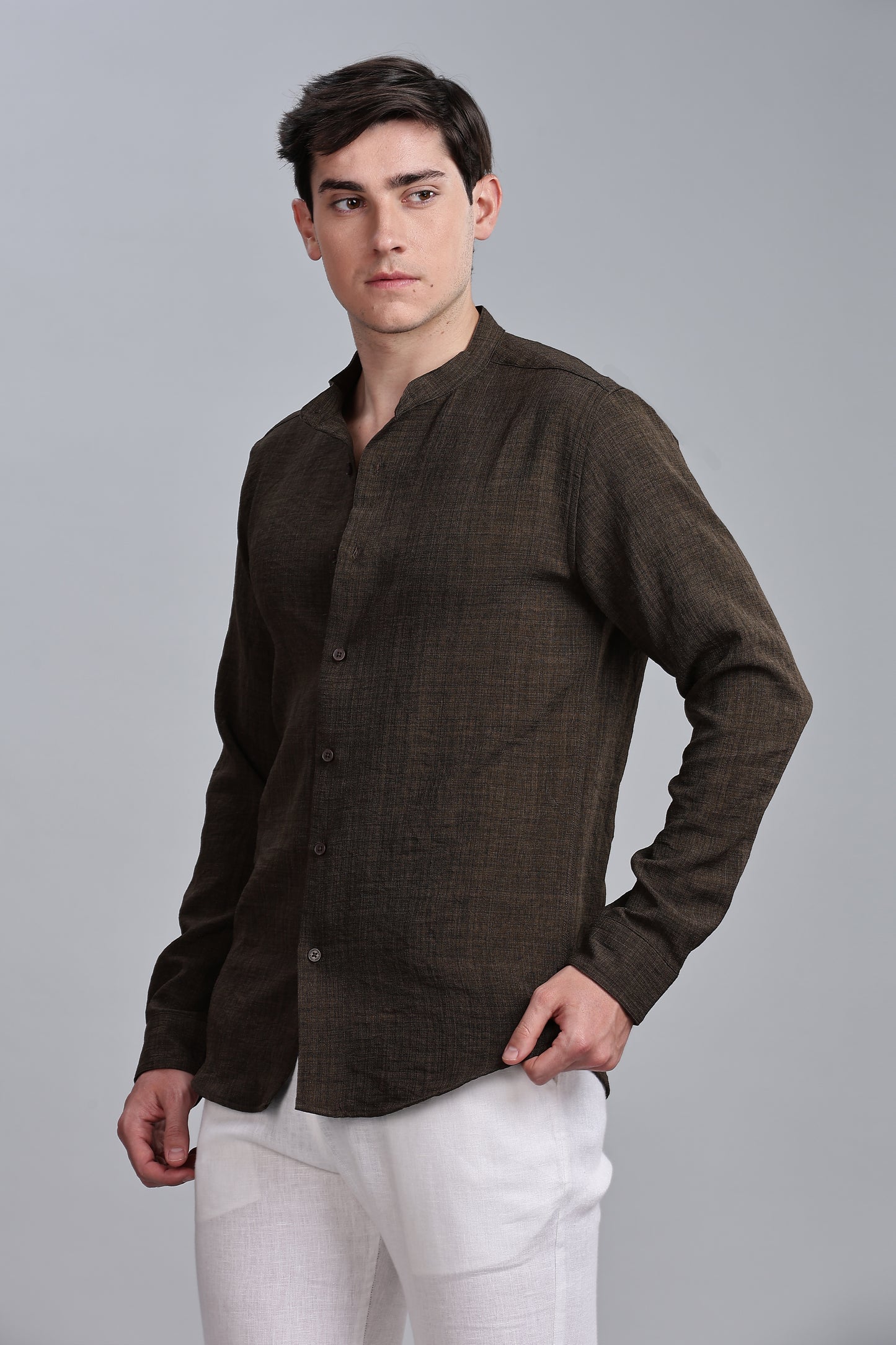 Brown Linen Blend Mandarin Collar Shirt