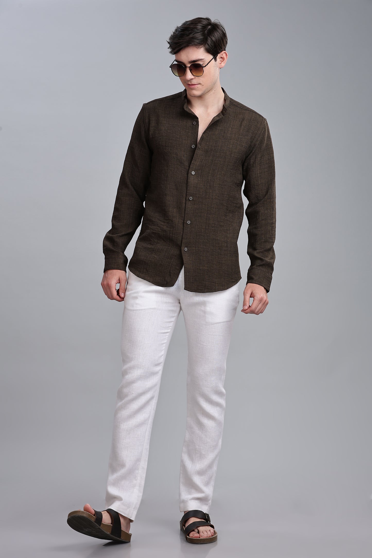 Brown Linen Blend Mandarin Collar Shirt