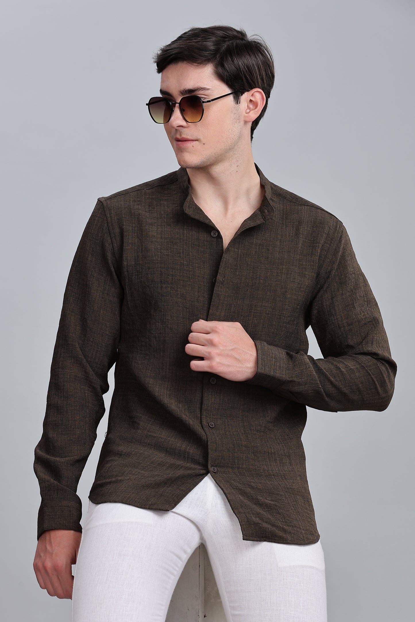 Brown Linen Blend Mandarin Collar Shirt