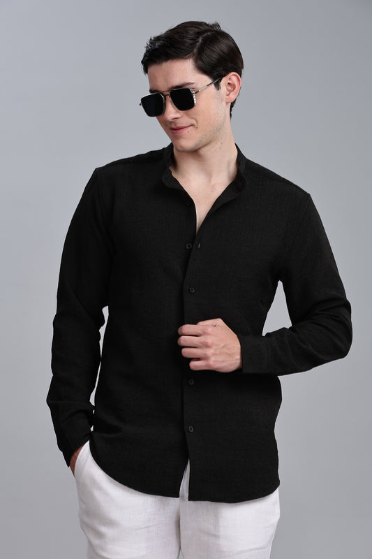 Black Linen Blend Mandarin Collar Shirt