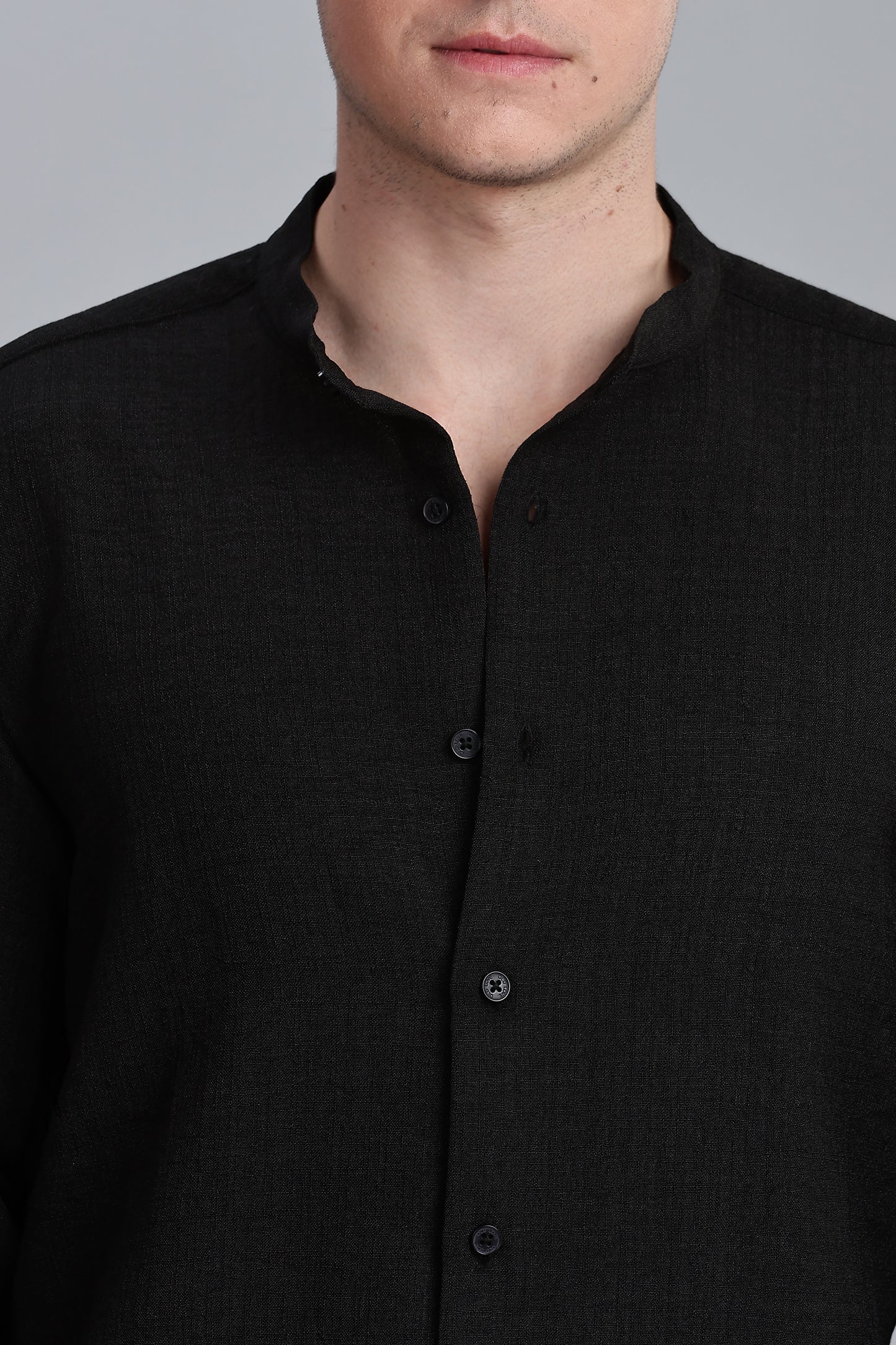 Black Linen Blend Mandarin Collar Shirt
