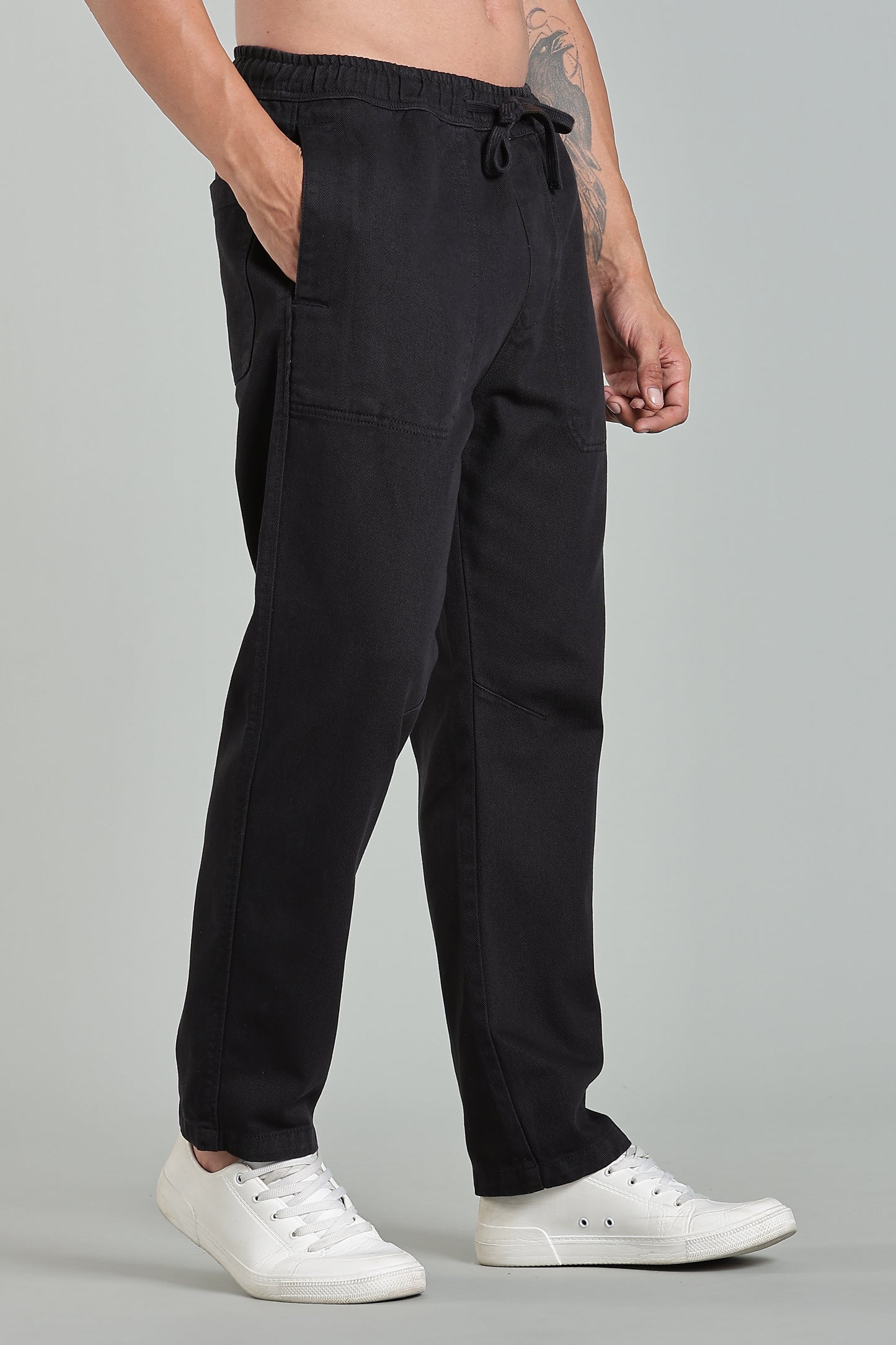 Oldlove Black Easy-Fit Drawstring Denim Trousers