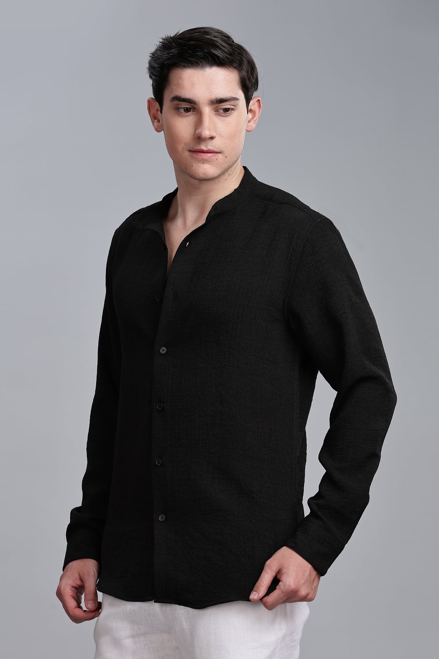Black Linen Blend Mandarin Collar Shirt
