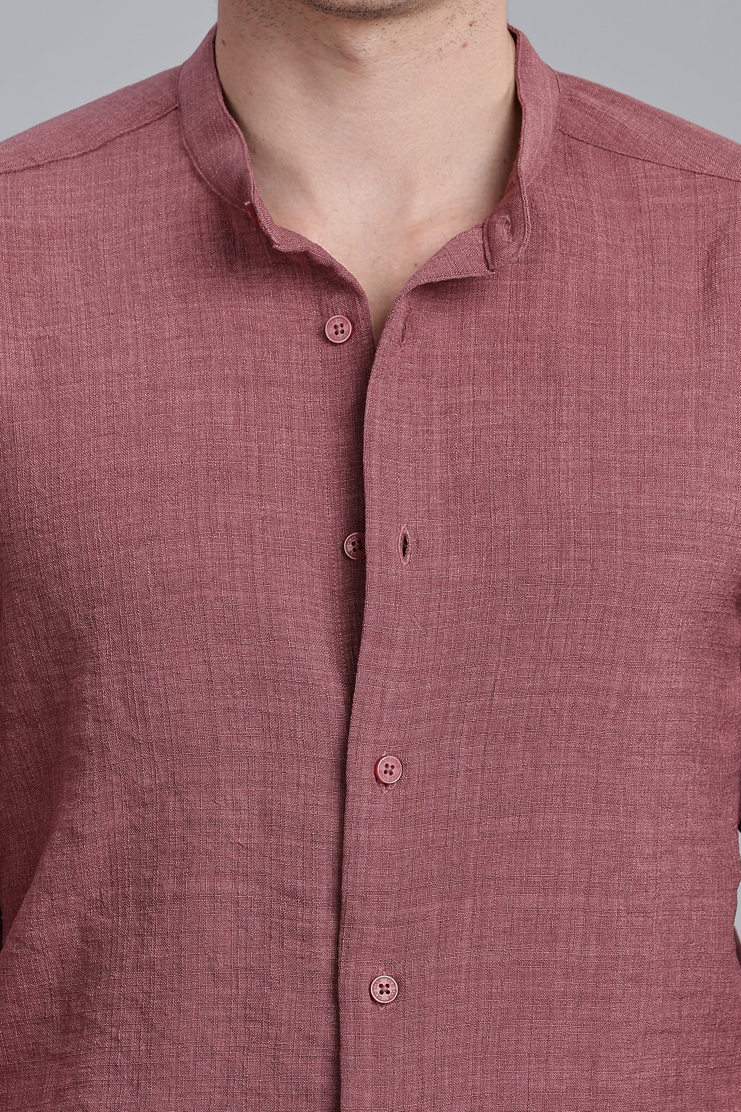 Mauve Pink Linen Blend Mandarin Collar Shirt