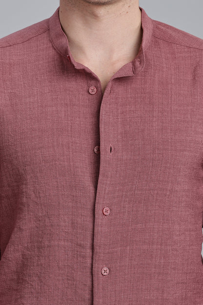 Mauve Pink Linen Blend Mandarin Collar Shirt