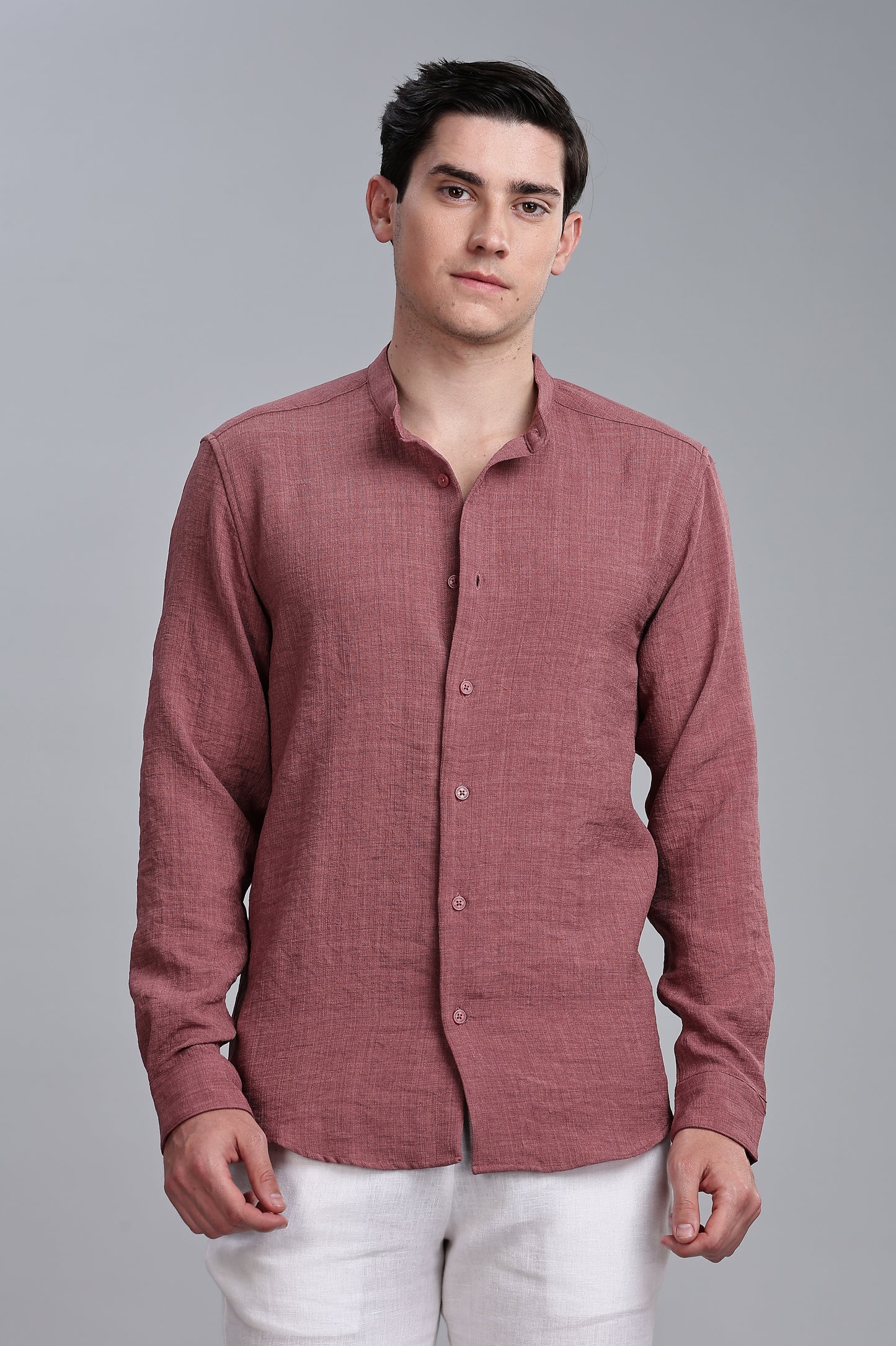 Mauve Pink Linen Blend Mandarin Collar Shirt
