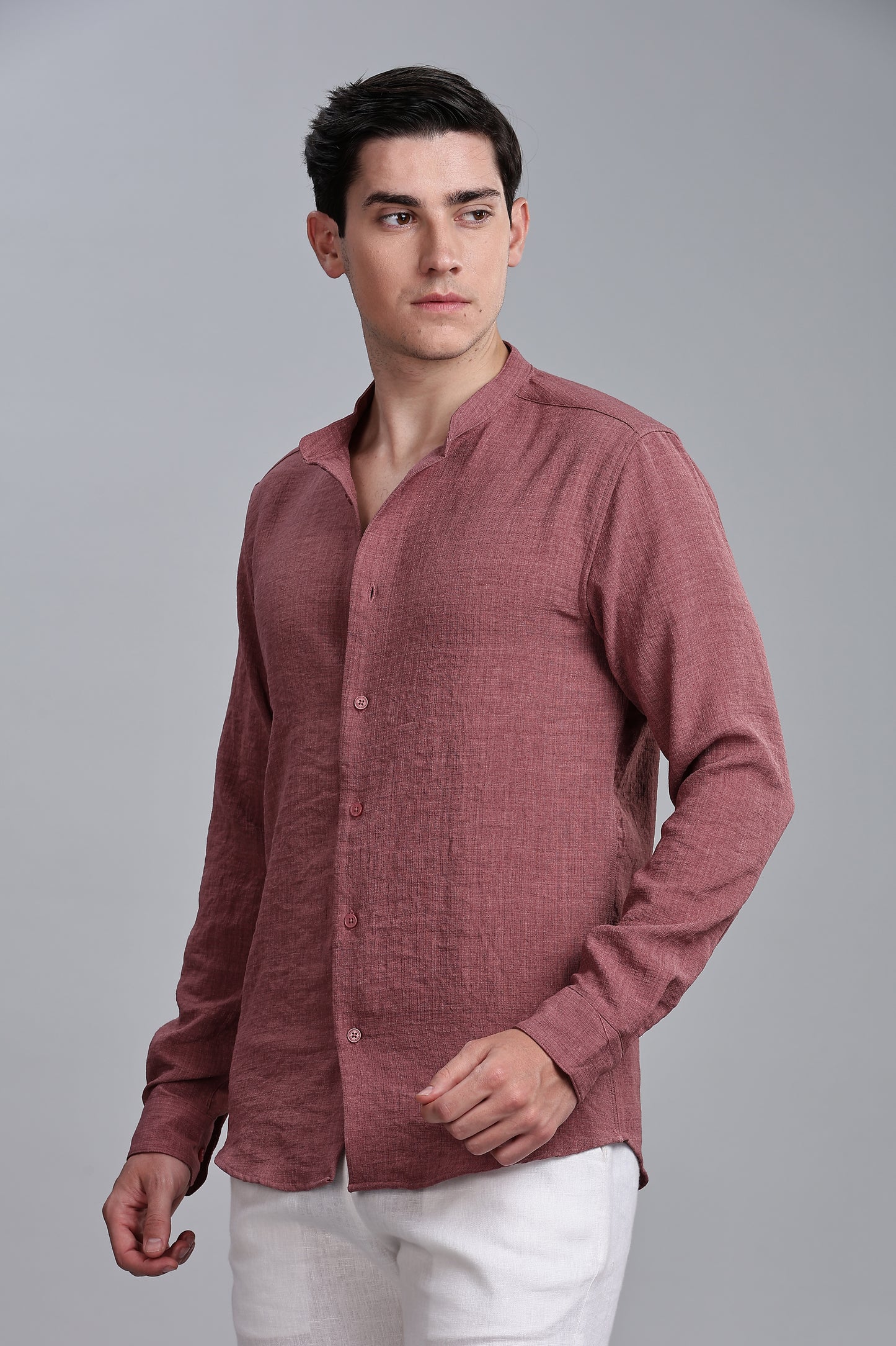 Mauve Pink Linen Blend Mandarin Collar Shirt