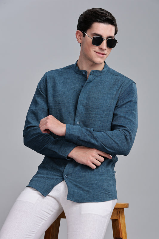 Sea Green Linen Blend Mandarin Collar Shirt