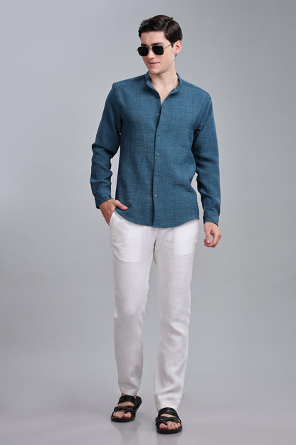 Sea Green Linen Blend Mandarin Collar Shirt