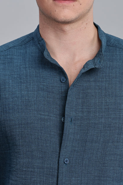 Sea Green Linen Blend Mandarin Collar Shirt