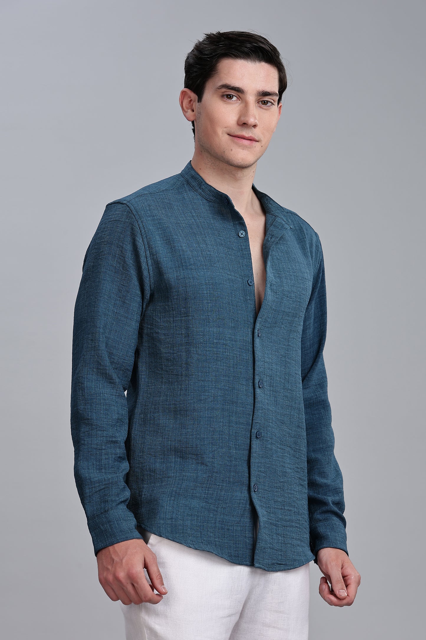 Sea Green Linen Blend Mandarin Collar Shirt