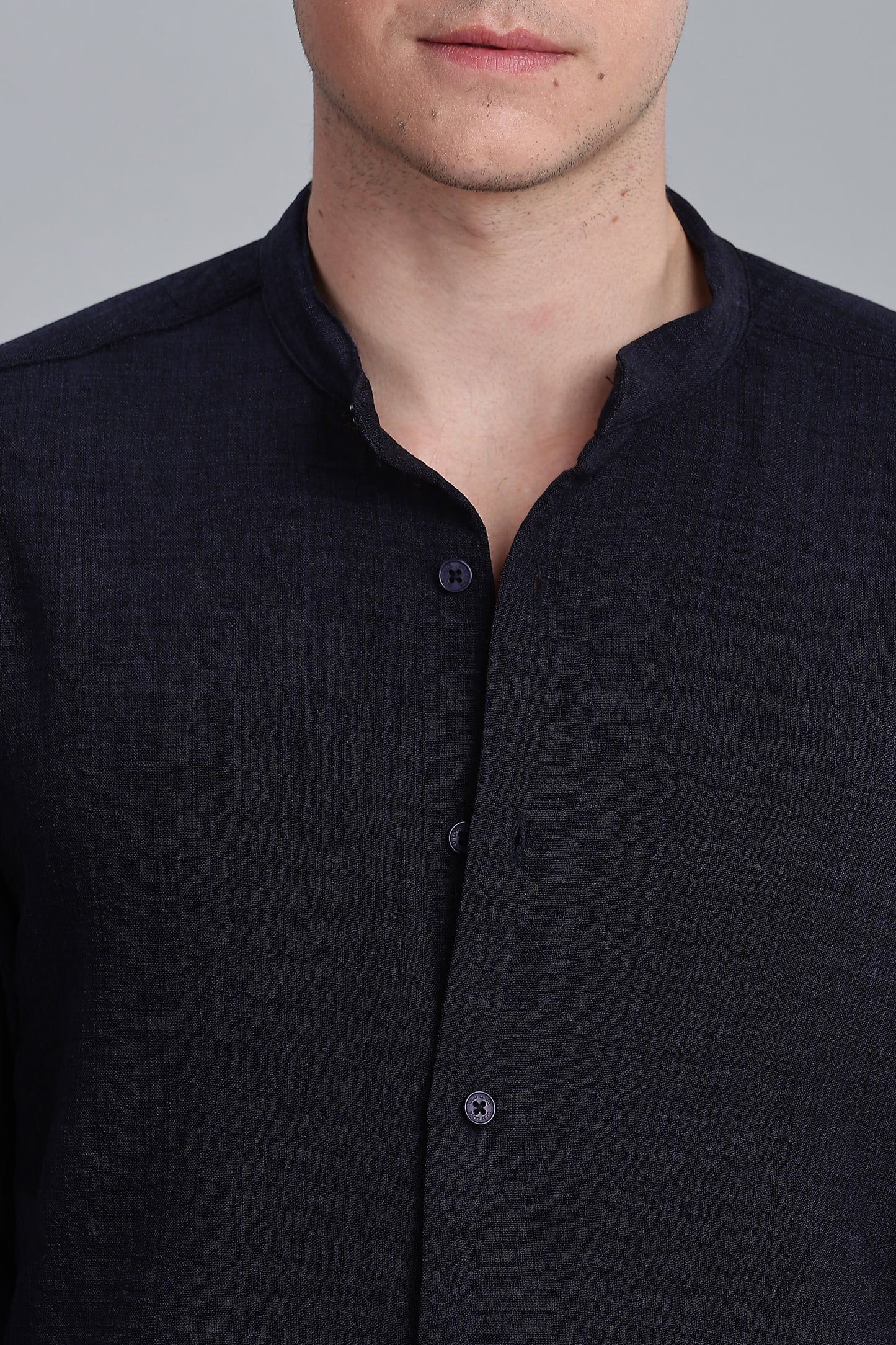 Navy Blue Linen Blend Mandarin Collar Shirt