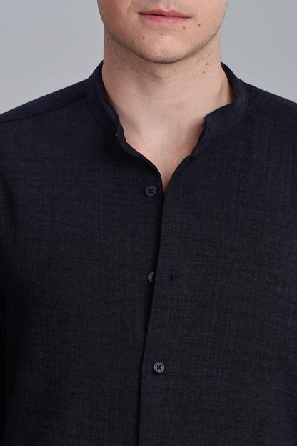 Navy Blue Linen Blend Mandarin Collar Shirt
