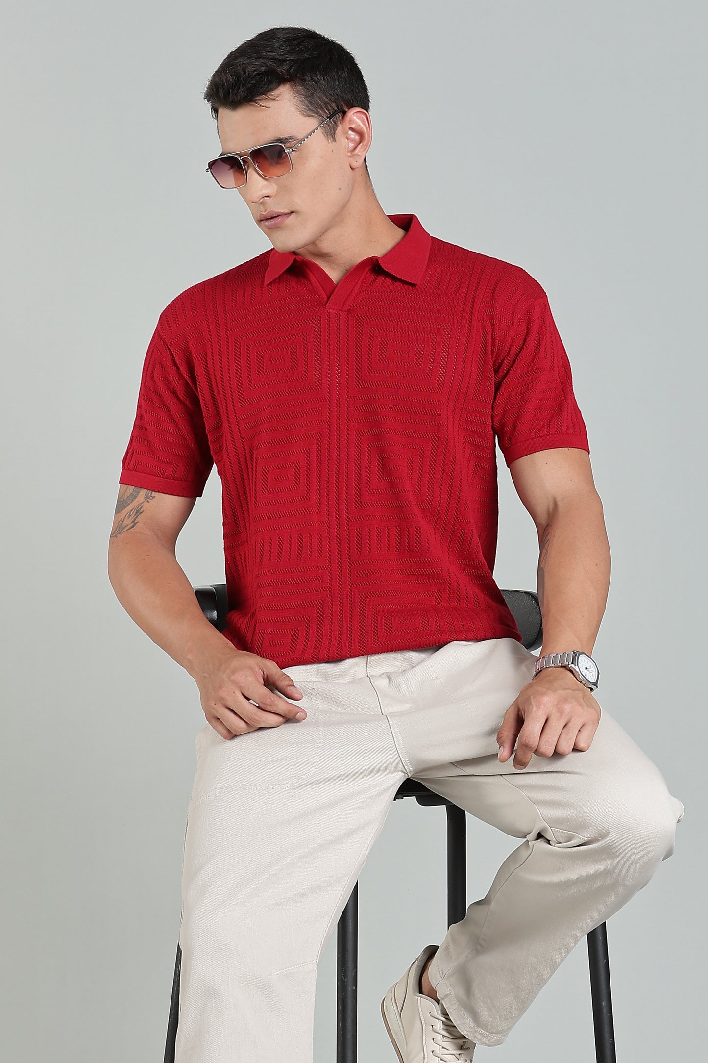 Oldlove Textured Geo-Knit Crimson Red Polo Shirt