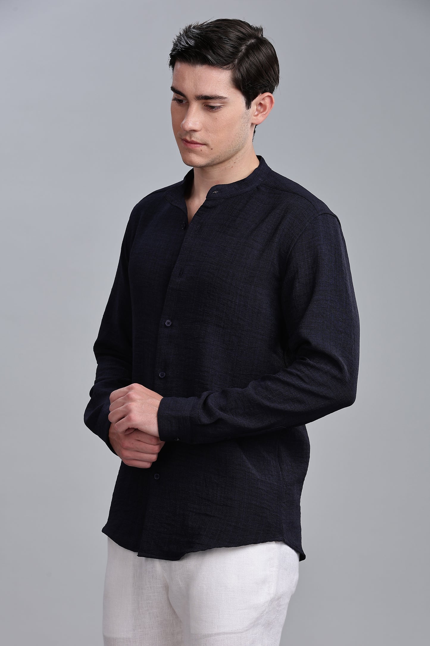 Navy Blue Linen Blend Mandarin Collar Shirt