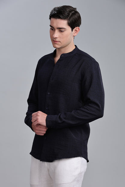 Navy Blue Linen Blend Mandarin Collar Shirt