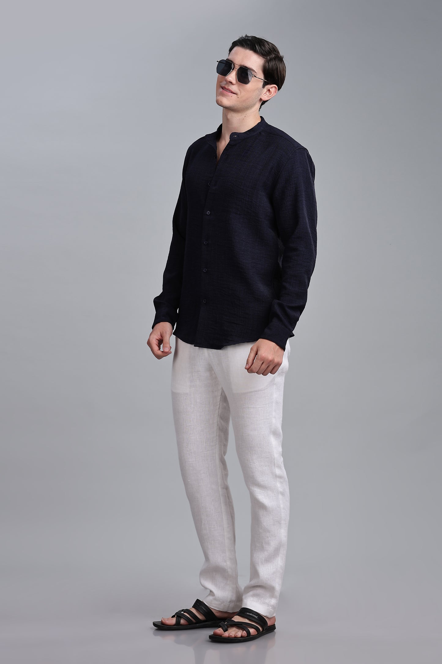 Navy Blue Linen Blend Mandarin Collar Shirt