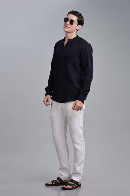 Navy Blue Linen Blend Mandarin Collar Shirt