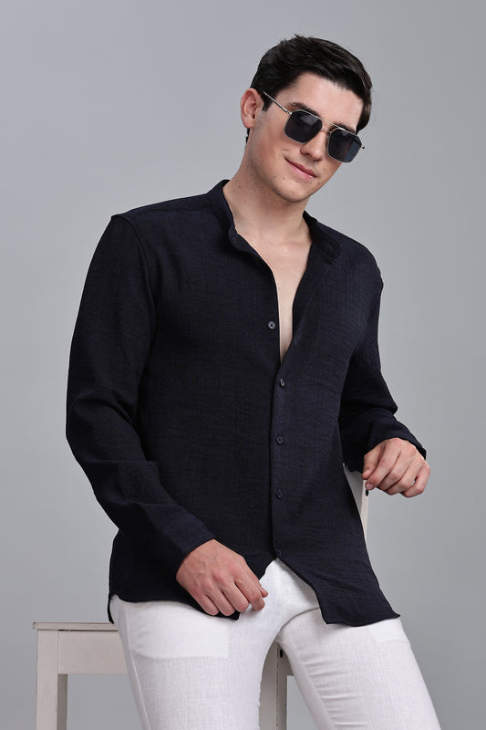 Navy Blue Linen Blend Mandarin Collar Shirt