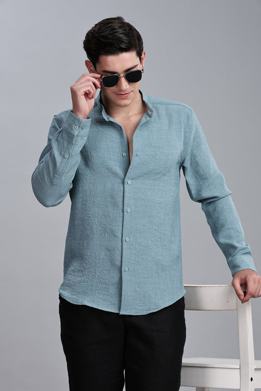 Blue Linen Blend Mandarin Collar Shirt