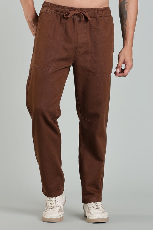 Oldlove Brown  Easy-Fit Drawstring Denim Trousers