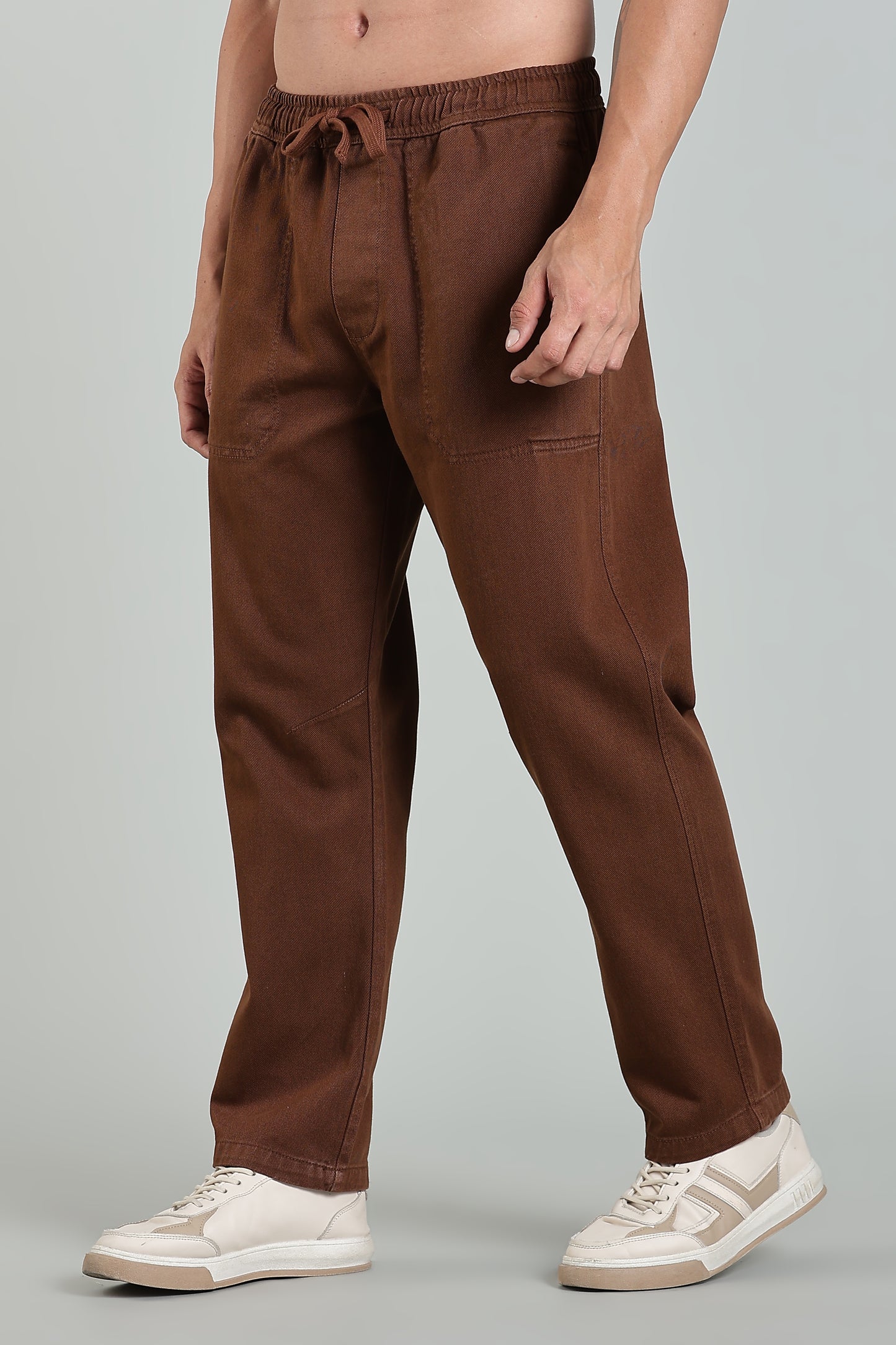 Oldlove Brown  Easy-Fit Drawstring Denim Trousers