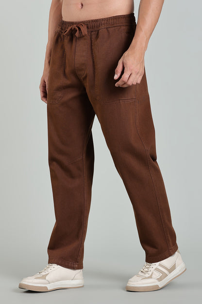 Oldlove Brown  Easy-Fit Drawstring Denim Trousers