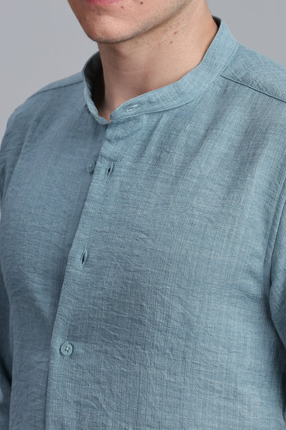 Blue Linen Blend Mandarin Collar Shirt