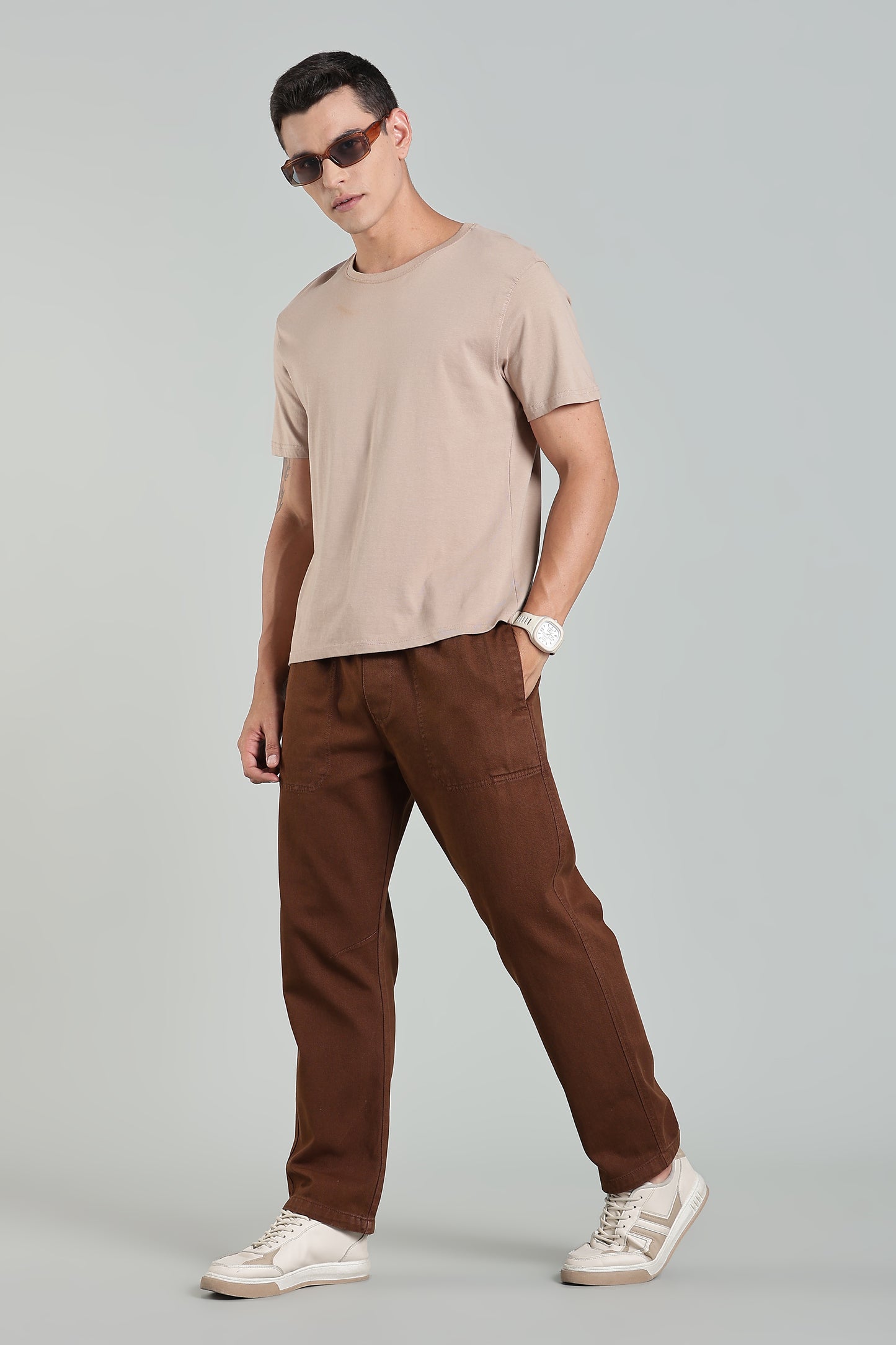 Oldlove Brown  Easy-Fit Drawstring Denim Trousers