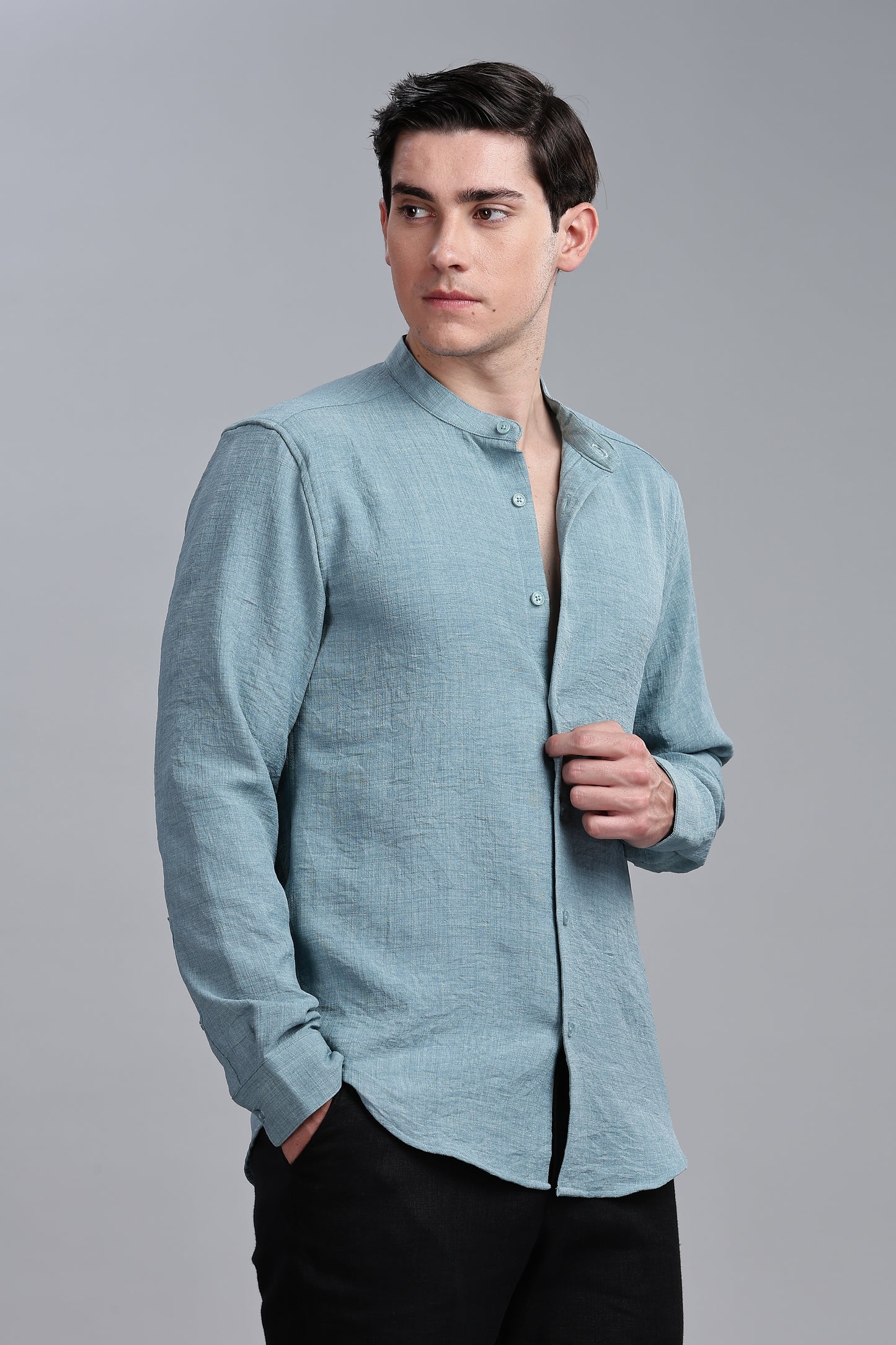 Blue Linen Blend Mandarin Collar Shirt