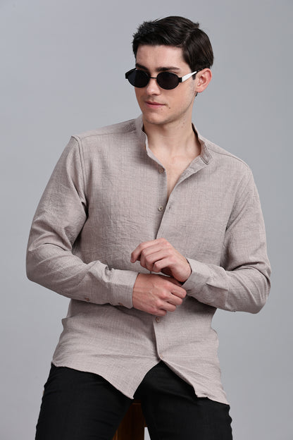 Dark Beige Linen Blend Mandarin Collar Shirt