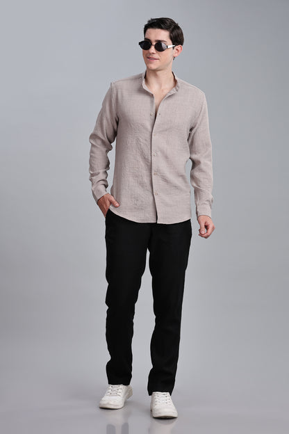 Dark Beige Linen Blend Mandarin Collar Shirt
