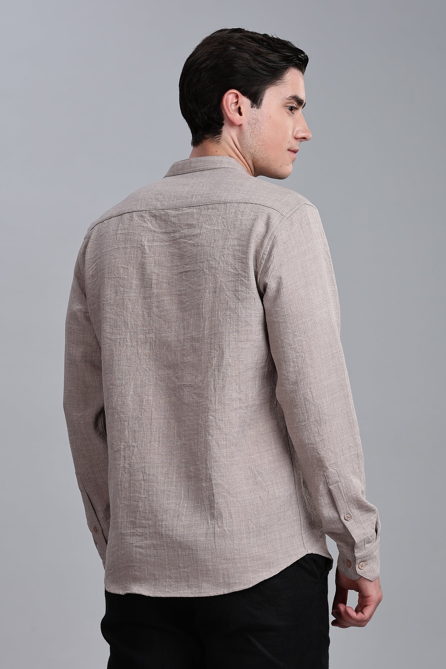 Dark Beige Linen Blend Mandarin Collar Shirt