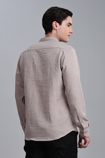 Dark Beige Linen Blend Mandarin Collar Shirt