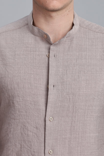 Dark Beige Linen Blend Mandarin Collar Shirt